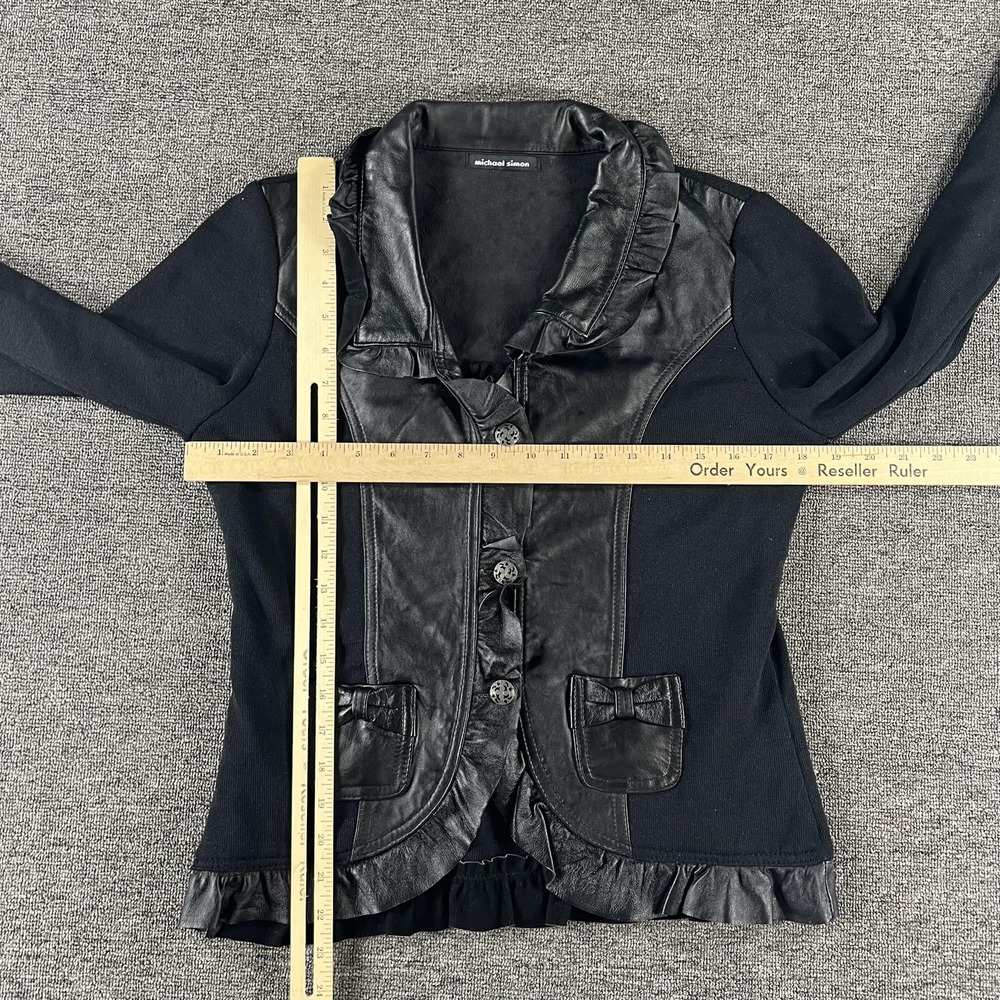 Michael Simon Blazer Womens Medium Black Silk Lamb Leather Trim Ruffle Jacket - Picture 7 of 9